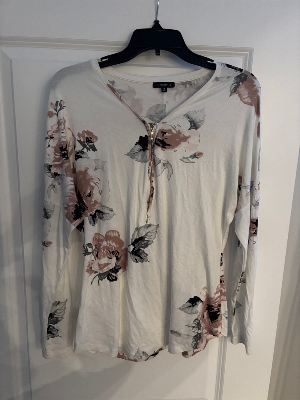 Dynamite Cream Long Sleeve Floral Zip Top with Blush Pink Roses and Gray Leaves